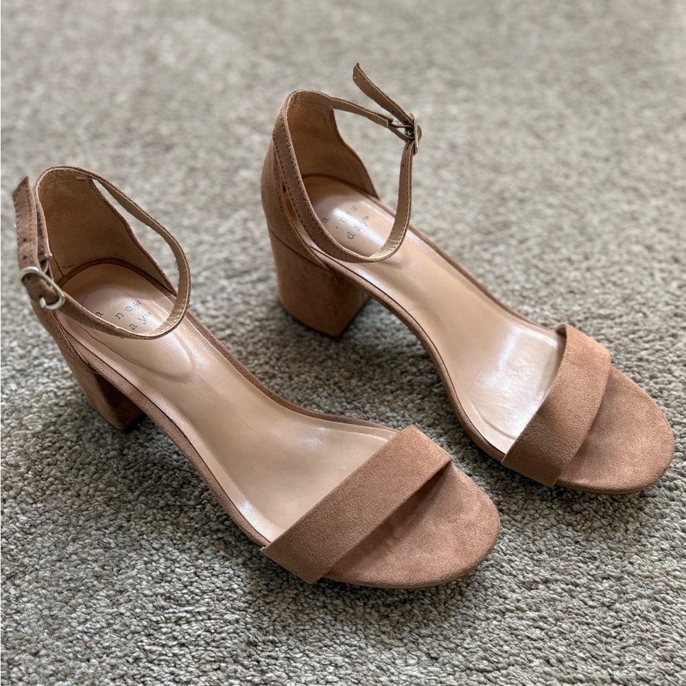 A New Day Chunky Heel Tan Suede Sandals